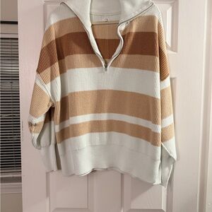 Aerie Quarter Zip Sweater - Cream and Tan Stripes